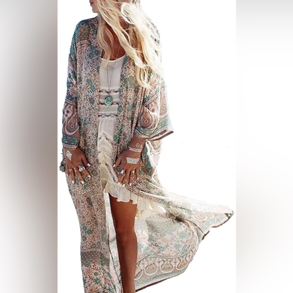 Turquoise and Tan Beach Cover Up, Kimono